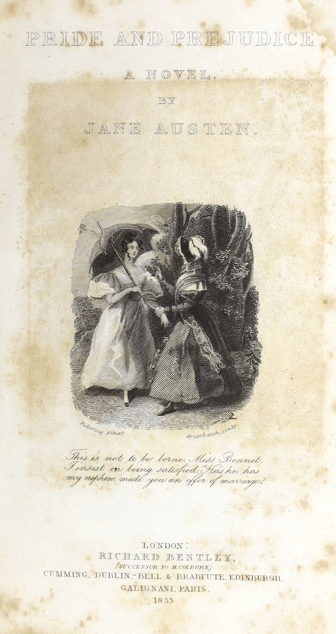 Austen, Jane - Pride and Prejudice, A Novel [Standard Novels series , vol. XXX], 8vo, red morocco, with marbled boards, engraved frontispiece and vignette title by William Greatbach after Ferdinand Pickering, with letter